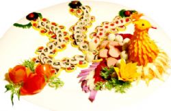 The peacock-shaped dish is made from bulbs, fruits, eggs and meat.